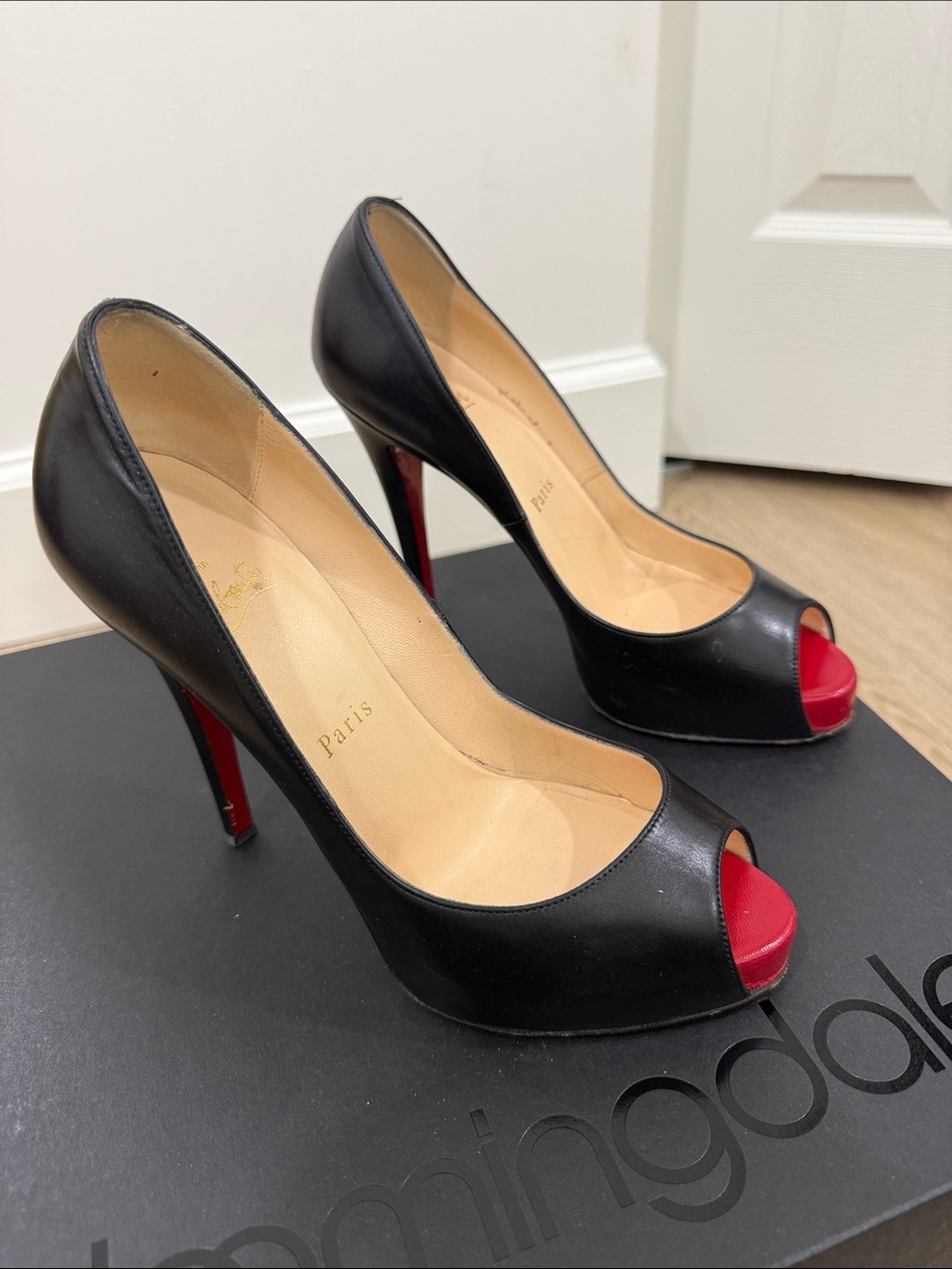 Christian Louboutin Black Leather Peep-Toe Pumps with Red Toe